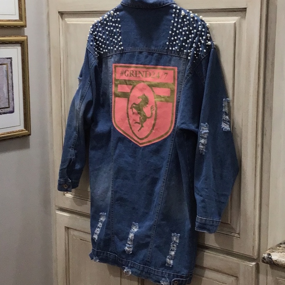 Pearl Studded Denim Distressed Jacket